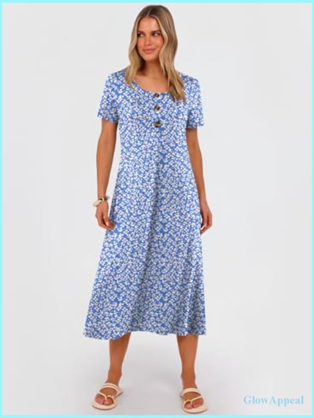 Summer Midi Dress Short Sleeve Button Up Crewneck Loose With Pockets - Picture 4 of 7